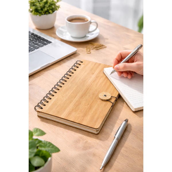 מחברת ספירלה A5 עם כריכת במבוק טבעי